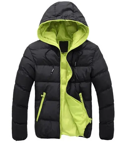 Men Hooded Cotton Padded Jacket Black Lime Green