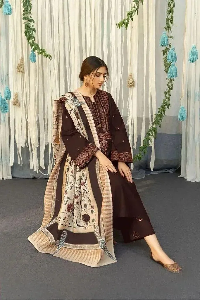 3-Piece Brown Lawn Embroidered Suit with Printed Dupatta