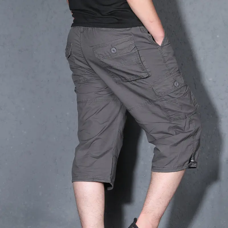Men Khaki Multi Pocket Cropped Shorts Plus Size Summer