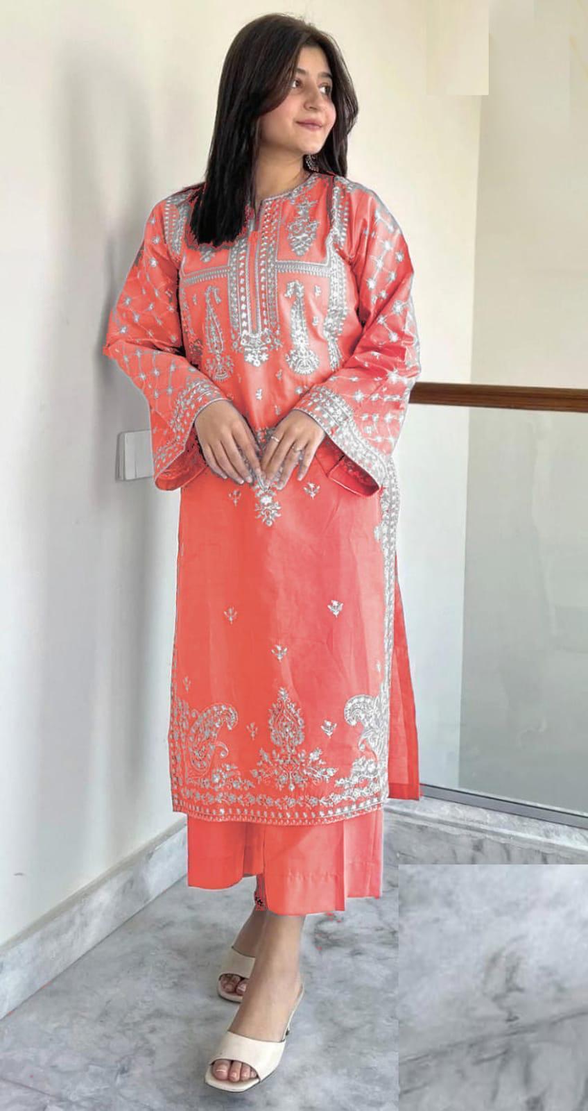 Pink Lawn 2-Piece Embroidered Suit for Women