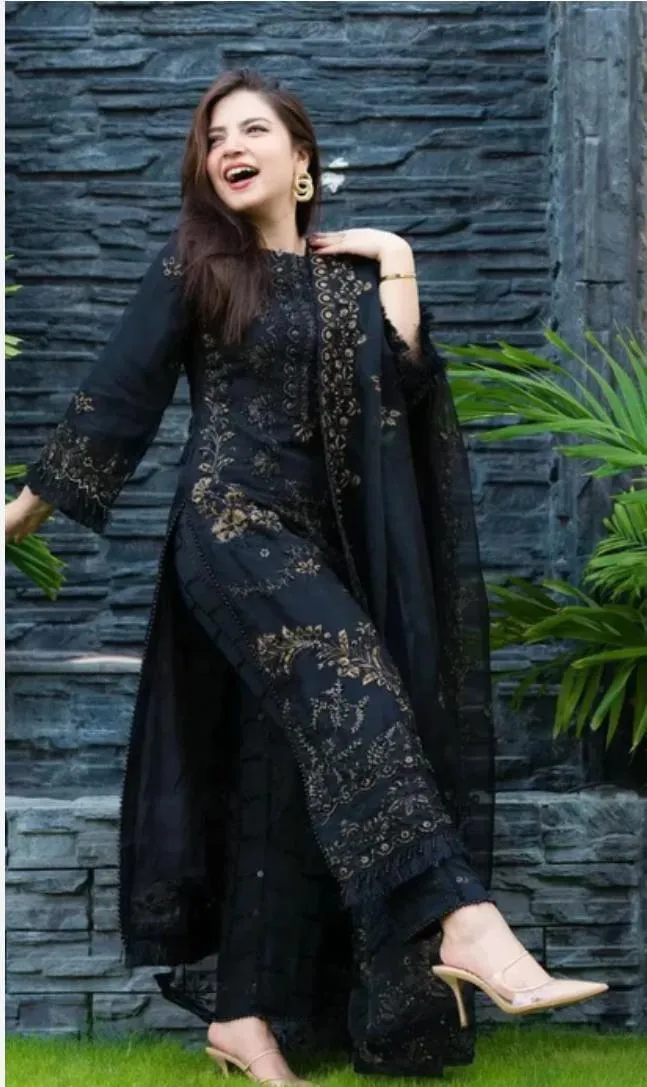 Black Embroidered 3-Piece Lawn Suit for Women