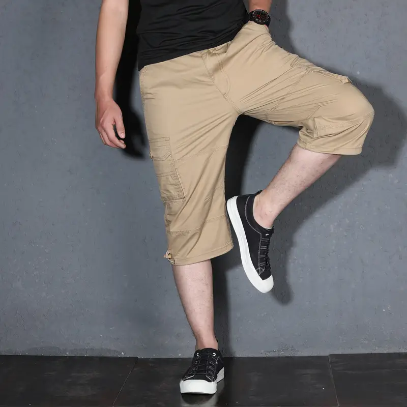 Men Khaki Multi Pocket Cropped Shorts Plus Size Summer
