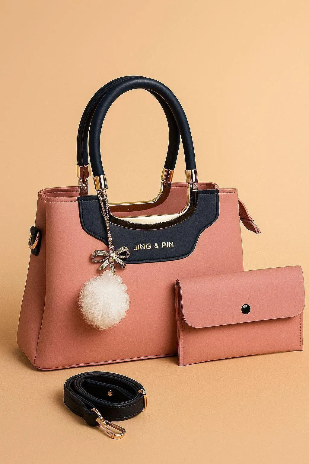 Pink Synthetic Leather Handbag with Belt & Keychain for Girls
