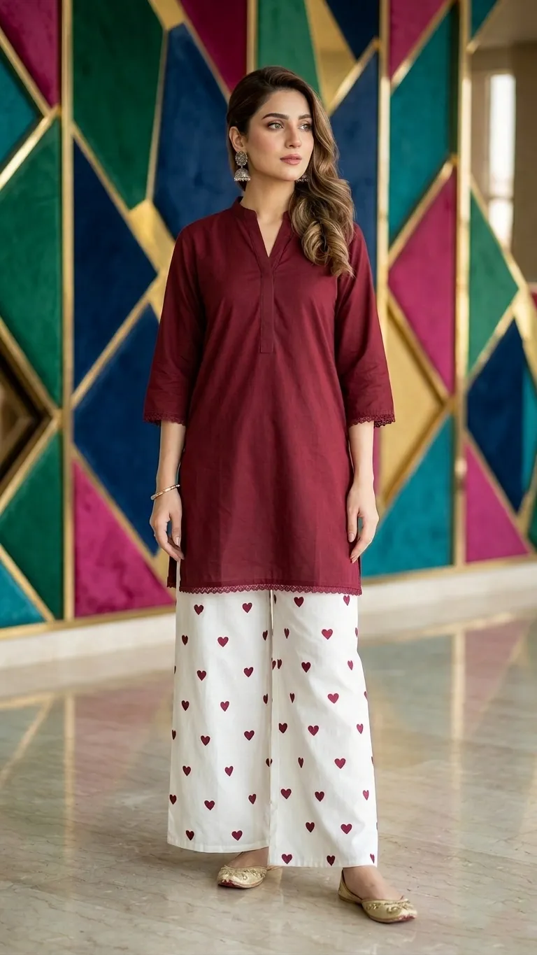 2Pcs Women's Stitched Cotton Lawn Block Printed Shirt And Flapper Viral Heart Printed