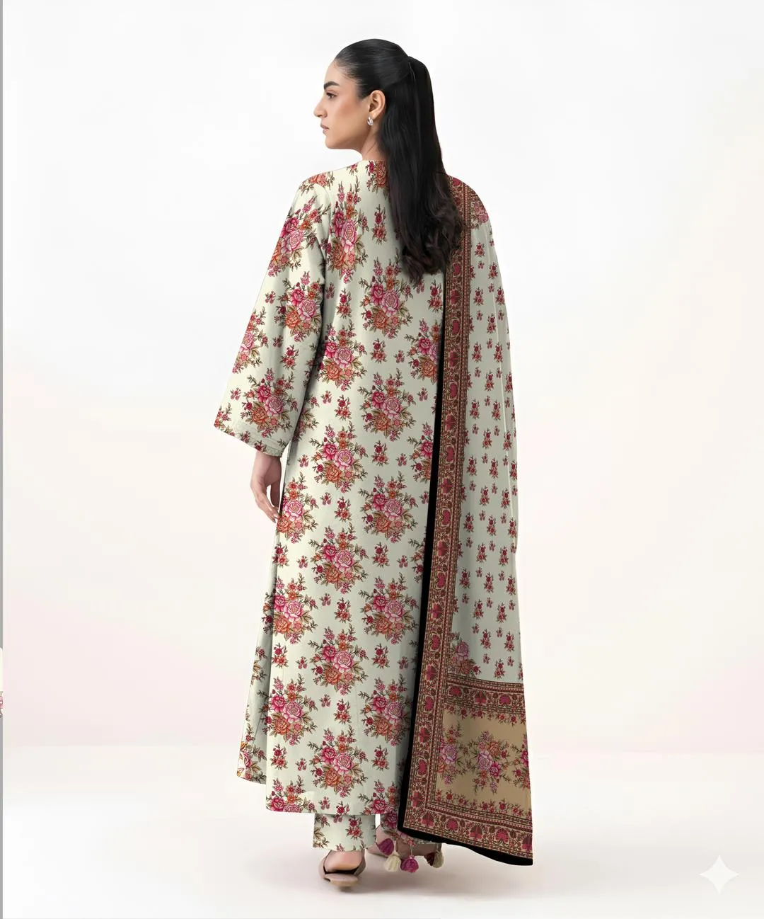 3-Piece Printed Khaddar Suit Off-White Floral