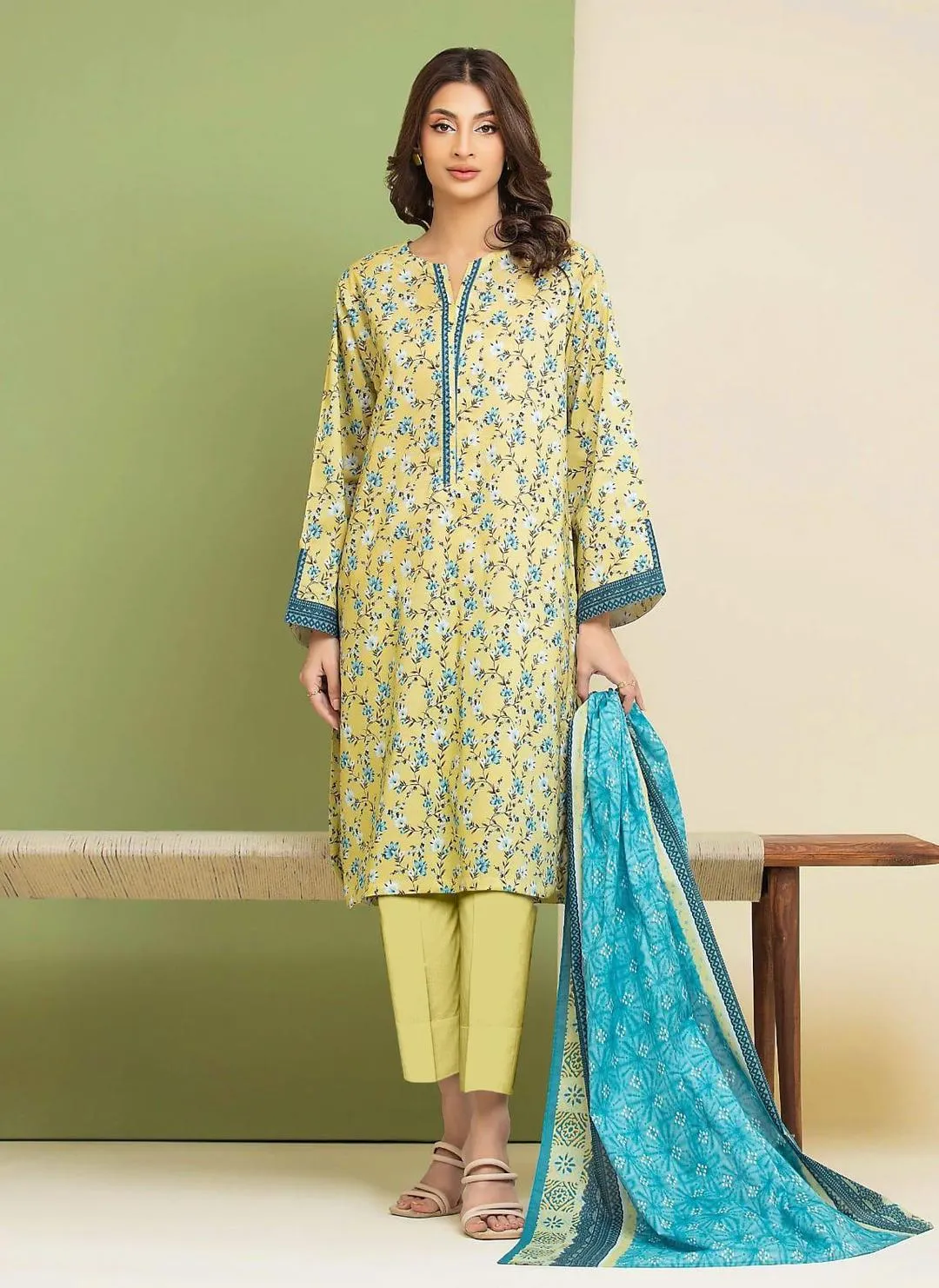 3-Piece Printed Dobby Lawn Suit Yellow Blue