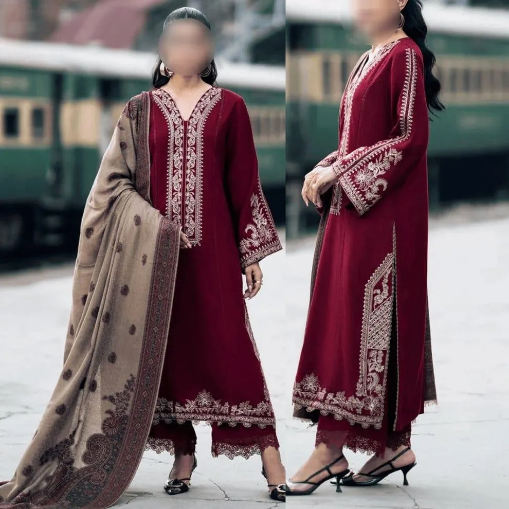 Maroon Embroidered 3-Piece Lawn Suit for Eid & Weddings