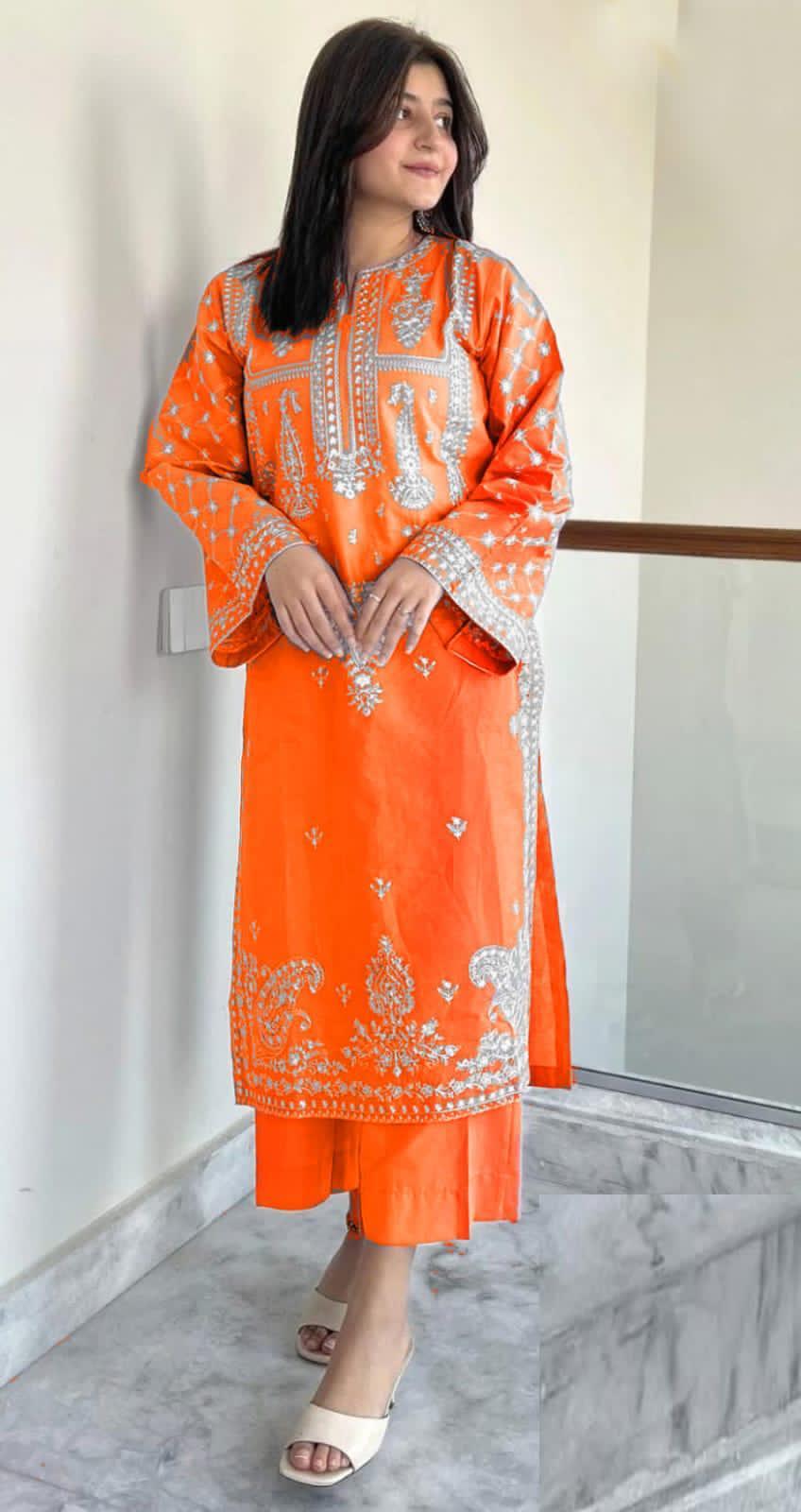 Orange Embroidered Lawn Suit for Women Pakistan