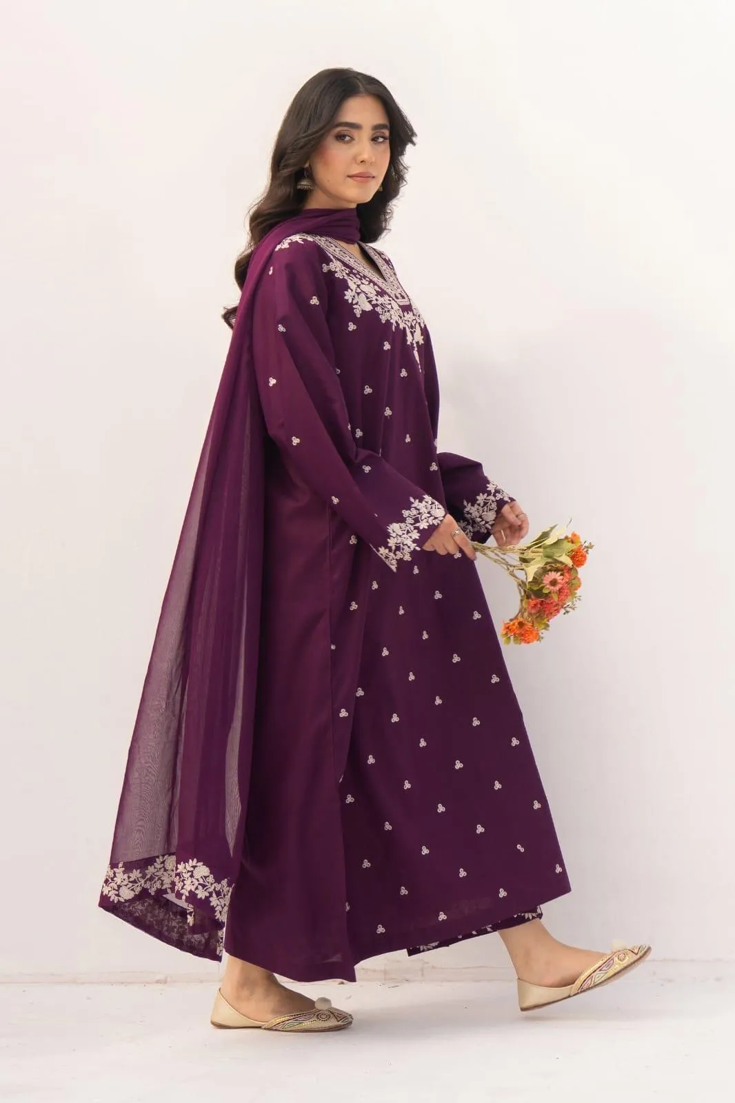 Purple Embroidered Lawn 3Pcs Set for Women