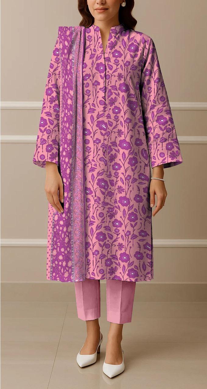 Pakistani Women 3-Piece Lawn Suit Pink Purple Floral