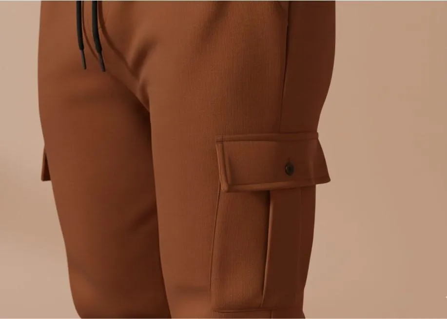 Men Brown Fleece Slim Fit Cargo Pants Winter