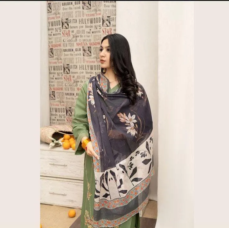 Green Embroidered 3-Piece Lawn Suit with Digital Print Dupatta