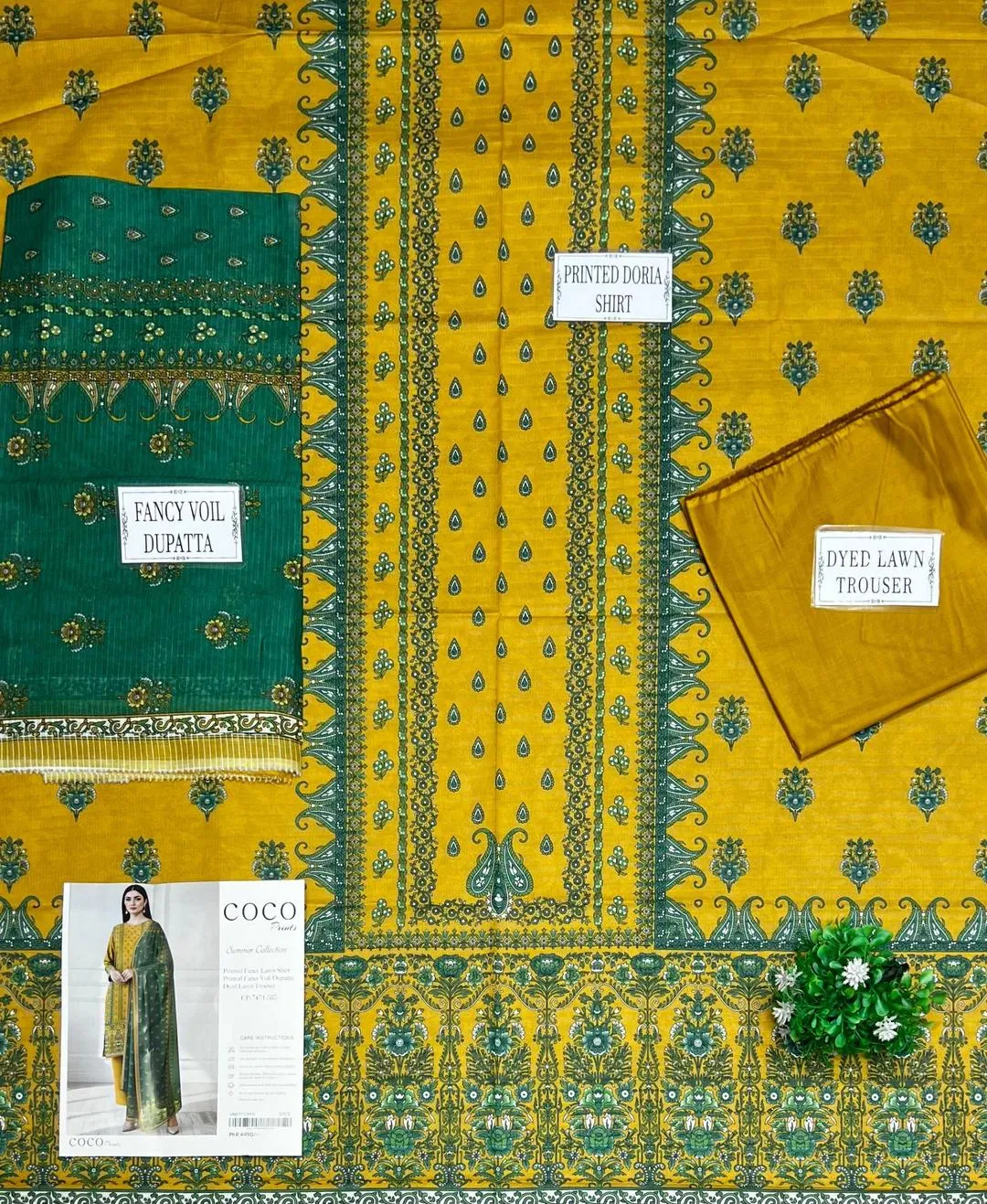 Green Embroidered Kurta Set with Yellow Trousers & Scarf