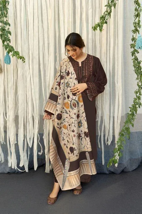 3-Piece Brown Lawn Embroidered Suit with Printed Dupatta