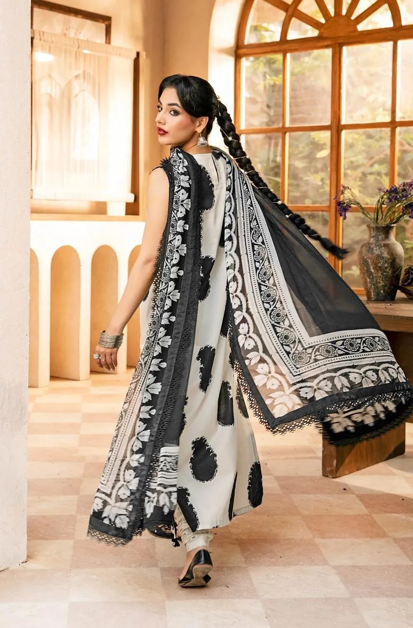 3-Piece Printed Karandi Suit Off-White Black