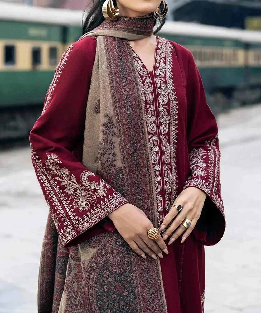 Maroon Embroidered 3-Piece Lawn Suit for Eid & Weddings
