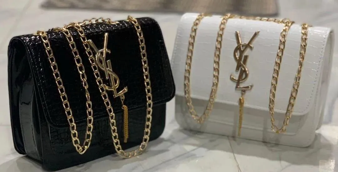 White Croc Leather Handbag with Gold Chain Strap