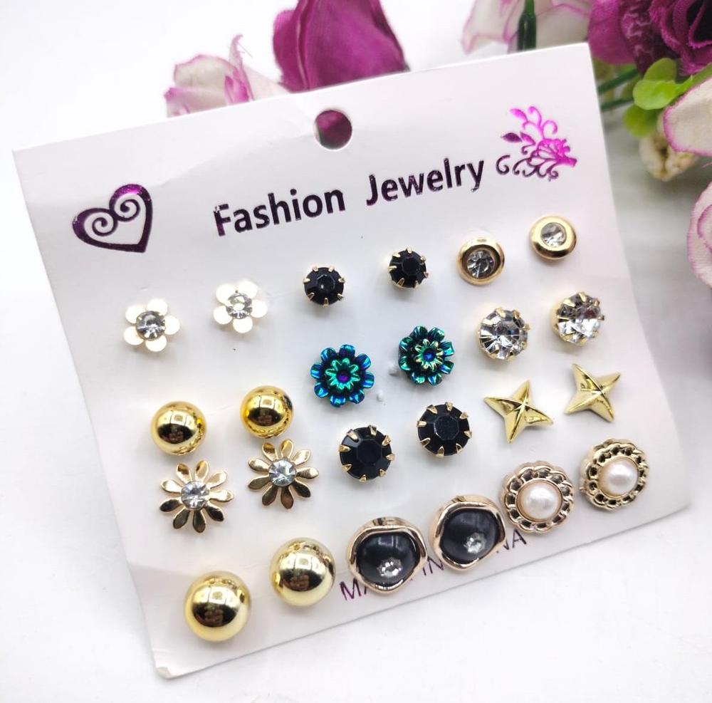 Artificial Stone Ear Studs Gold Black Green 10 Pairs