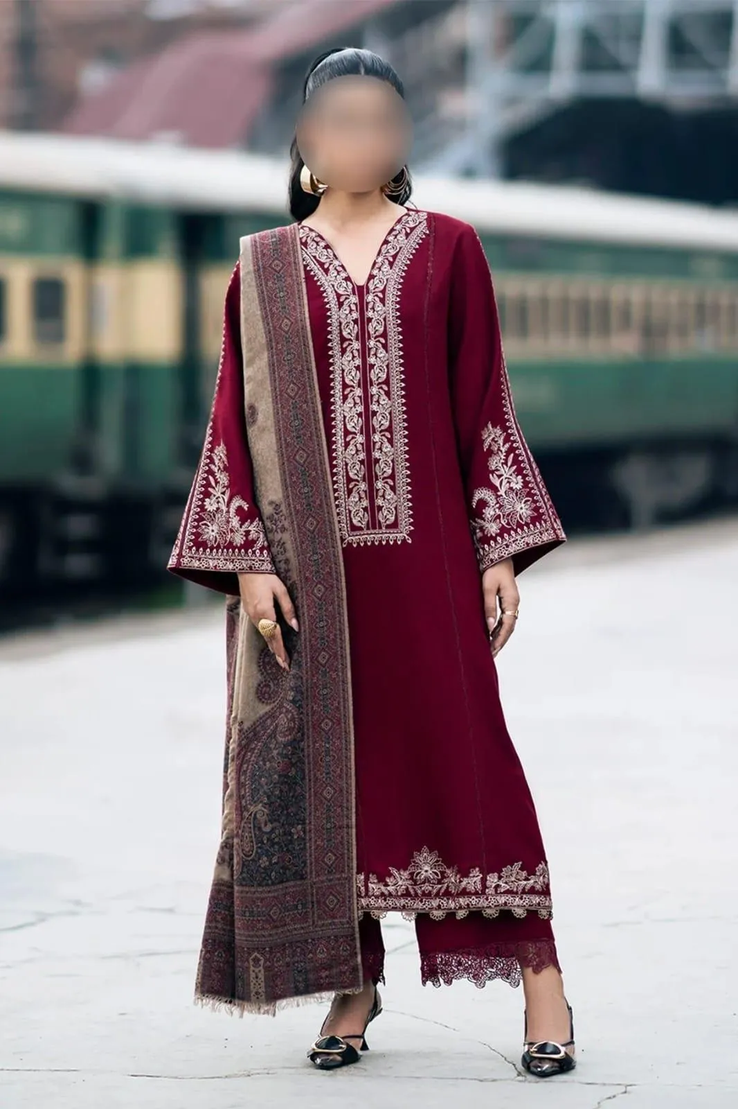Maroon Embroidered 3-Piece Lawn Suit for Eid & Weddings