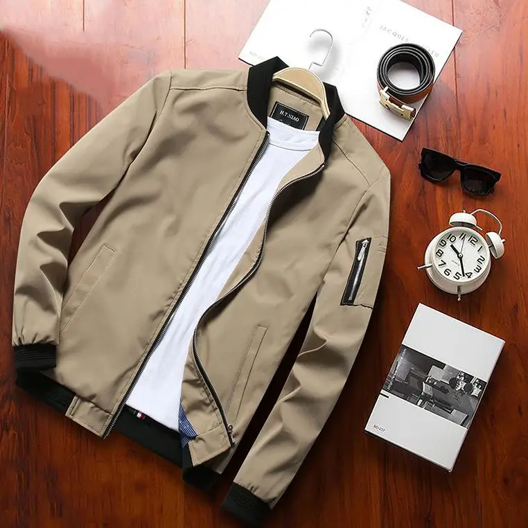 Men Slim Fit Beige Casual Jacket Spring Autumn