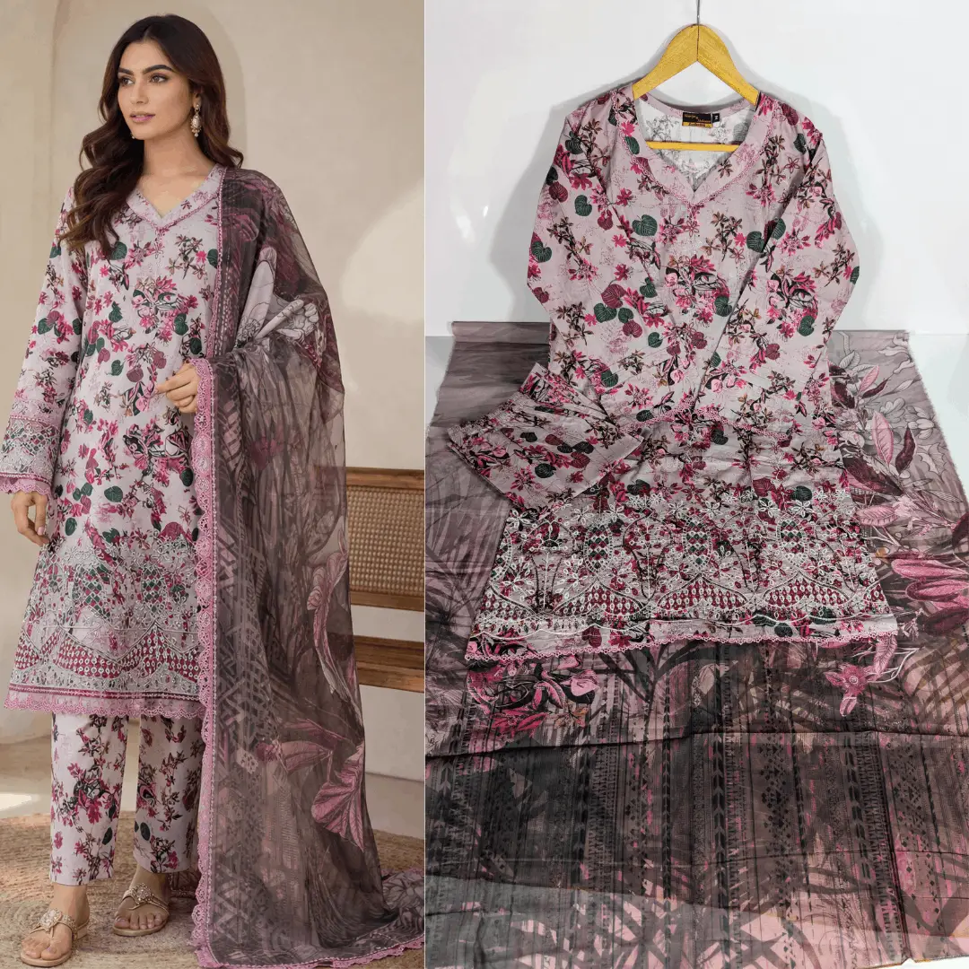 3 Pcs Women's Stitched Lawn Embroidered Suit
